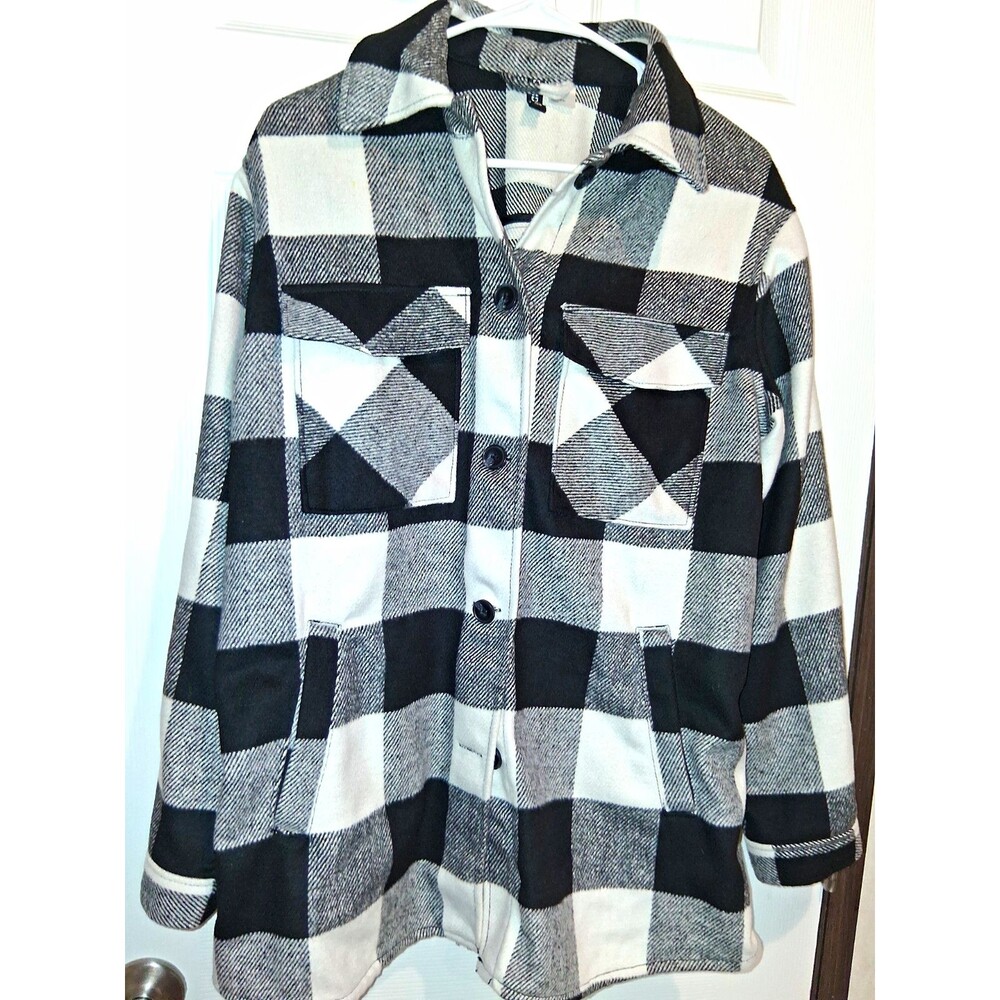 H&M Men's Black/White/Gray Plaid Wool Shacket Jacket Button/Snap Pockets S